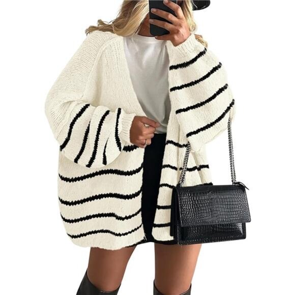 Womens Oversized Cardigan Sweaters Striped White Black - Picture 1 of 6
